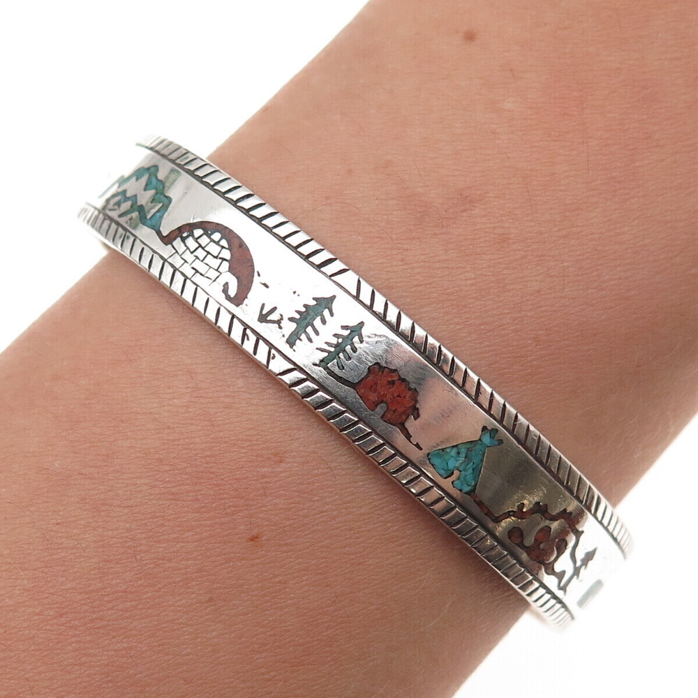 Silver Fox Old Pawn 925 Sterling Vintage Turquoise Coral Adjustable Bracelet 6"